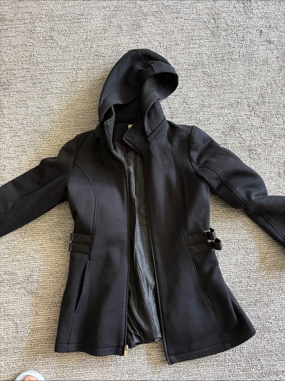 Women's Black Hooded Jacket with Buckle Detail